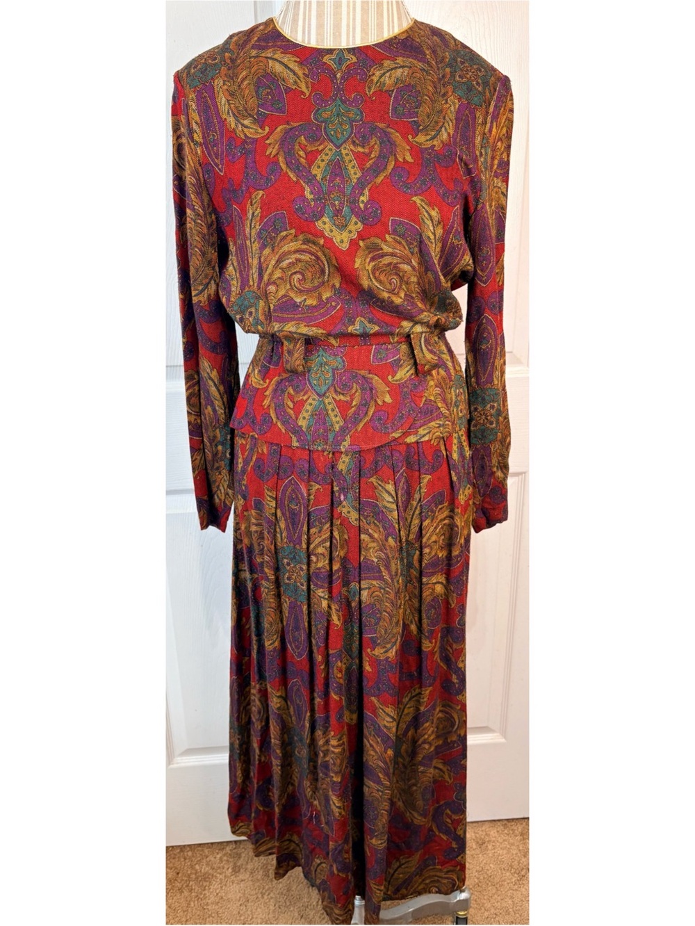 Vintage 90s Ronni Nicole Baroque Tapestry Pleated Midi Dress Size 10